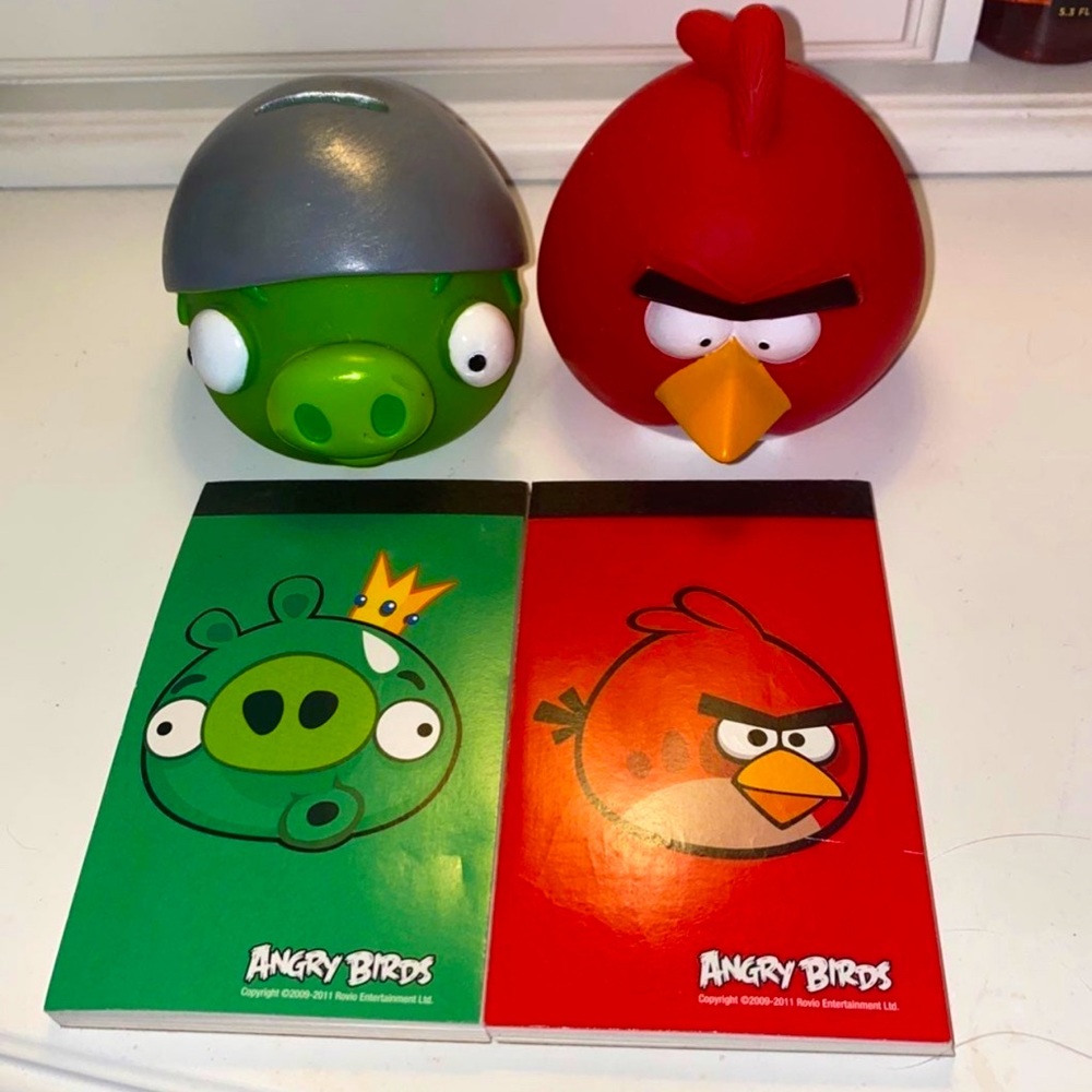 Angry birds collectible piggy banks and notepads
